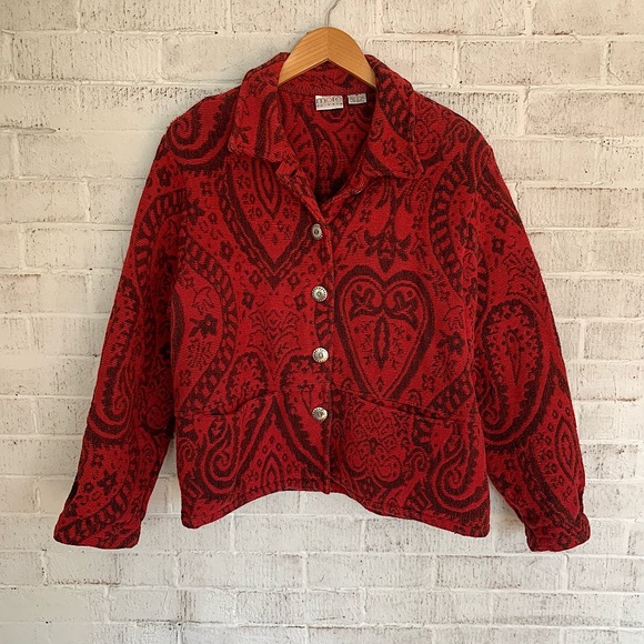 Vintage More by Lata Red 100% Cotton Baroque Tapestry Jacket Size Medium - Picture 1 of 5